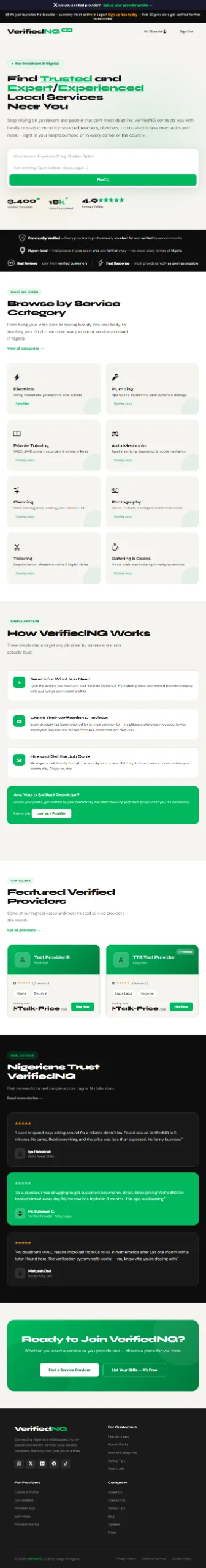 I’m building **VerifiedNG** — a platform for finding and connecting with trusted service providers in Nigeria. screenshot