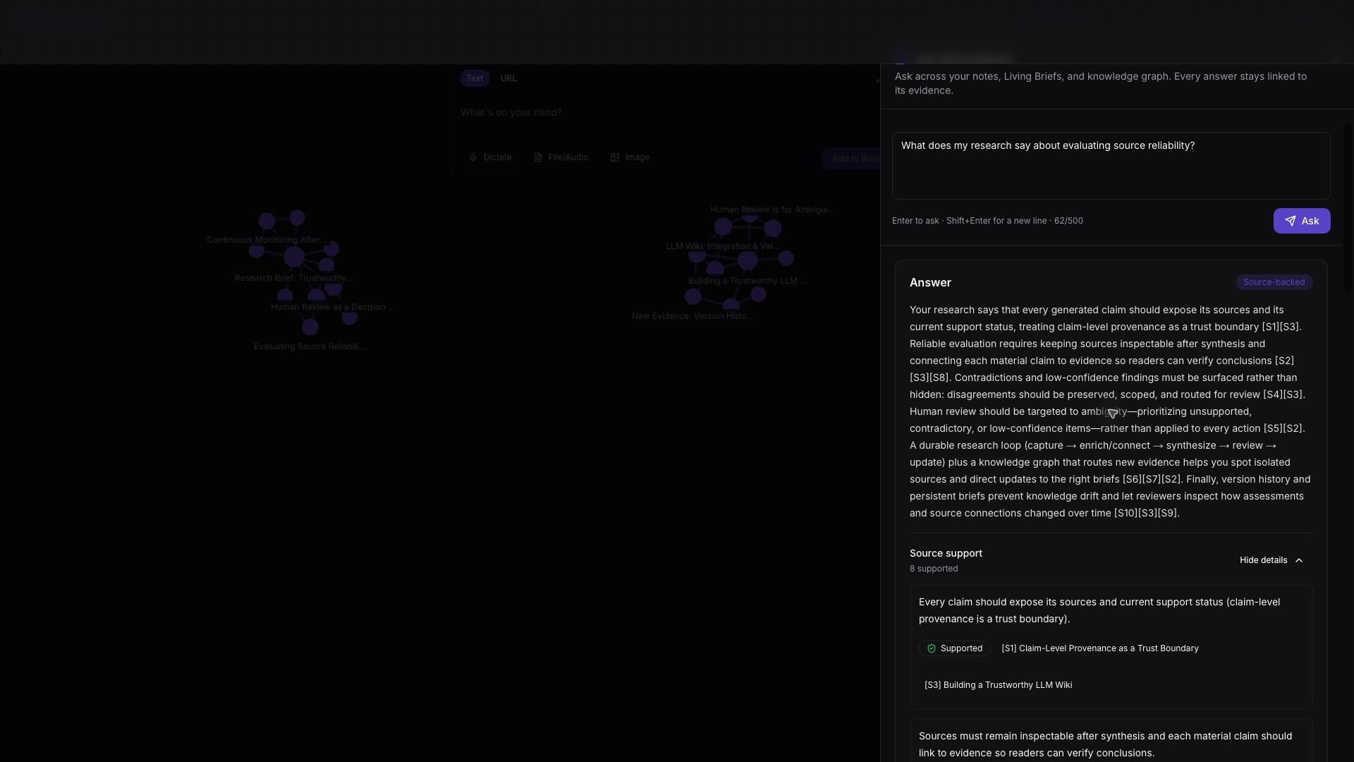 Ask WhichNotes now shows where the evidence ends. screenshot