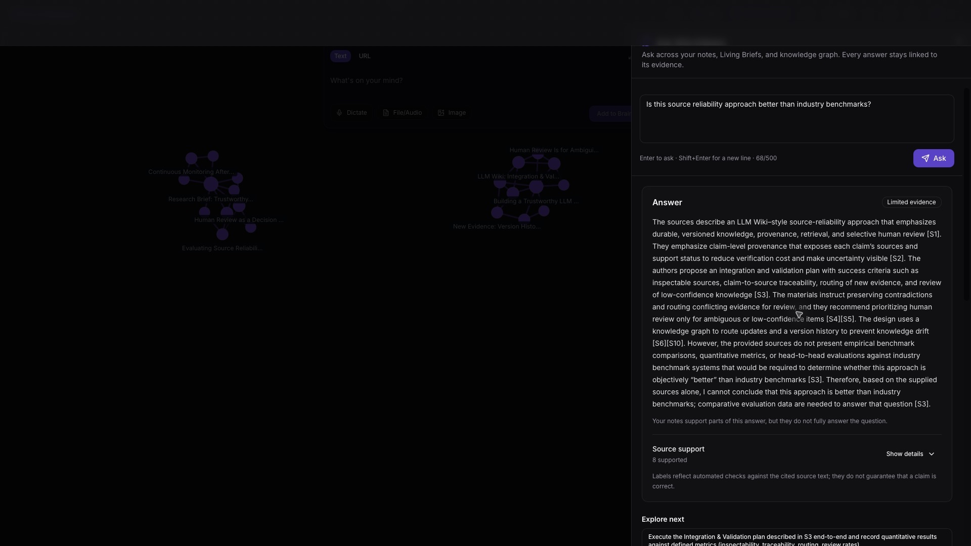 Ask WhichNotes now shows where the evidence ends. screenshot
