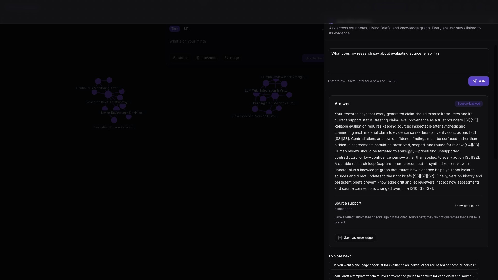 Ask WhichNotes now shows where the evidence ends. screenshot
