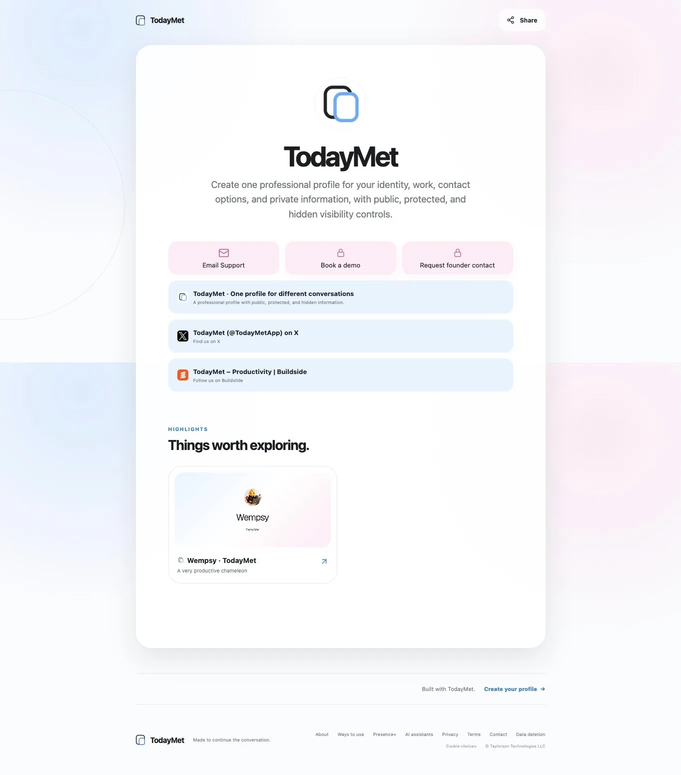 Small TodayMet update: profiles are no longer just for people. screenshot