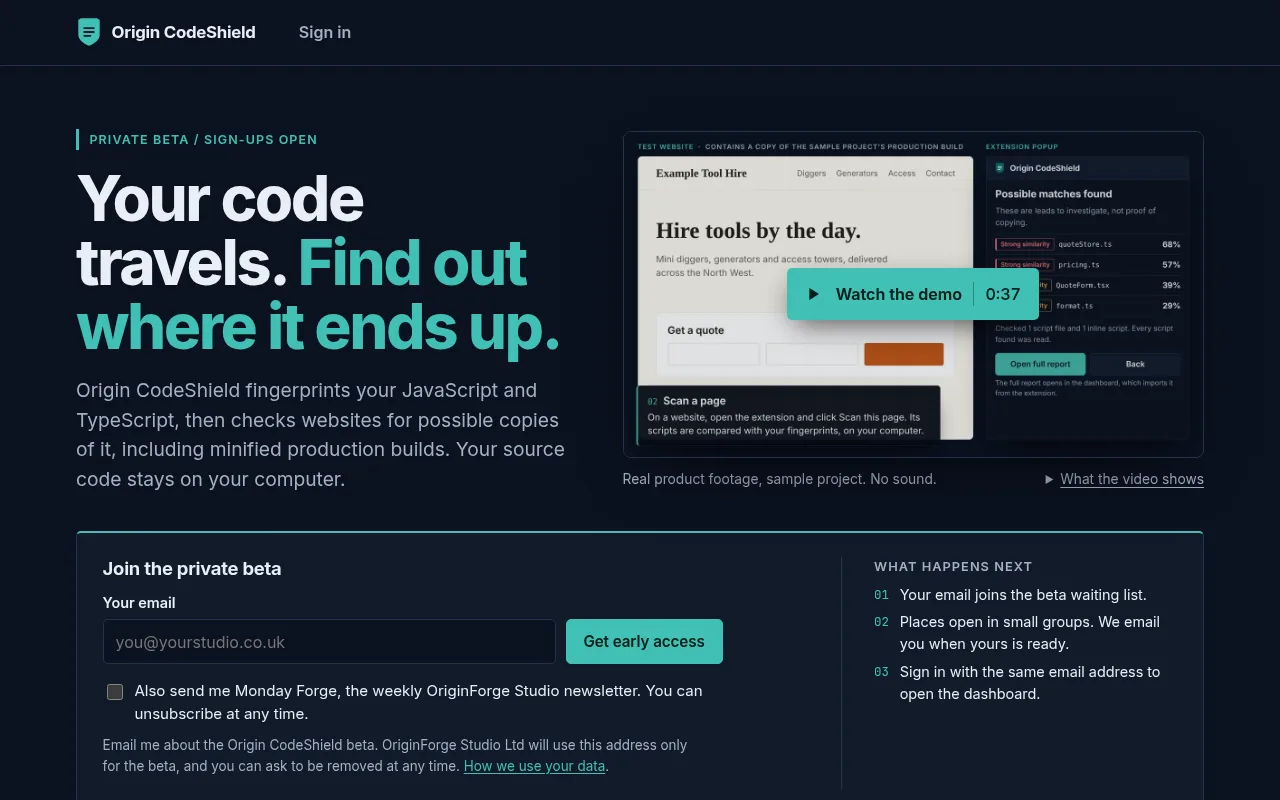 Day two of Origin CodeShield: from idea to private beta screenshot