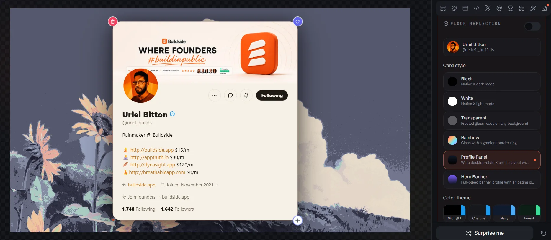 From now on, all ShotStudio users can create X (Twitter) profile cards in ShotStudio for free with full customization; however, there is a limit of creating a maximum of two cards. screenshot