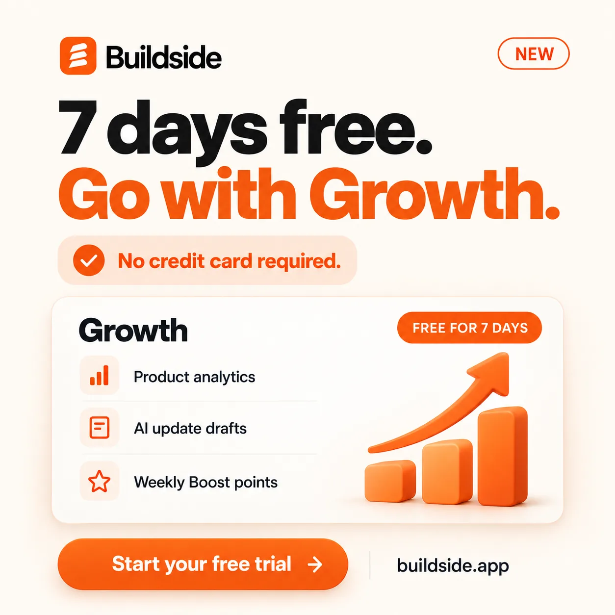 I just shipped a no-card free trial offer on Buildside. screenshot