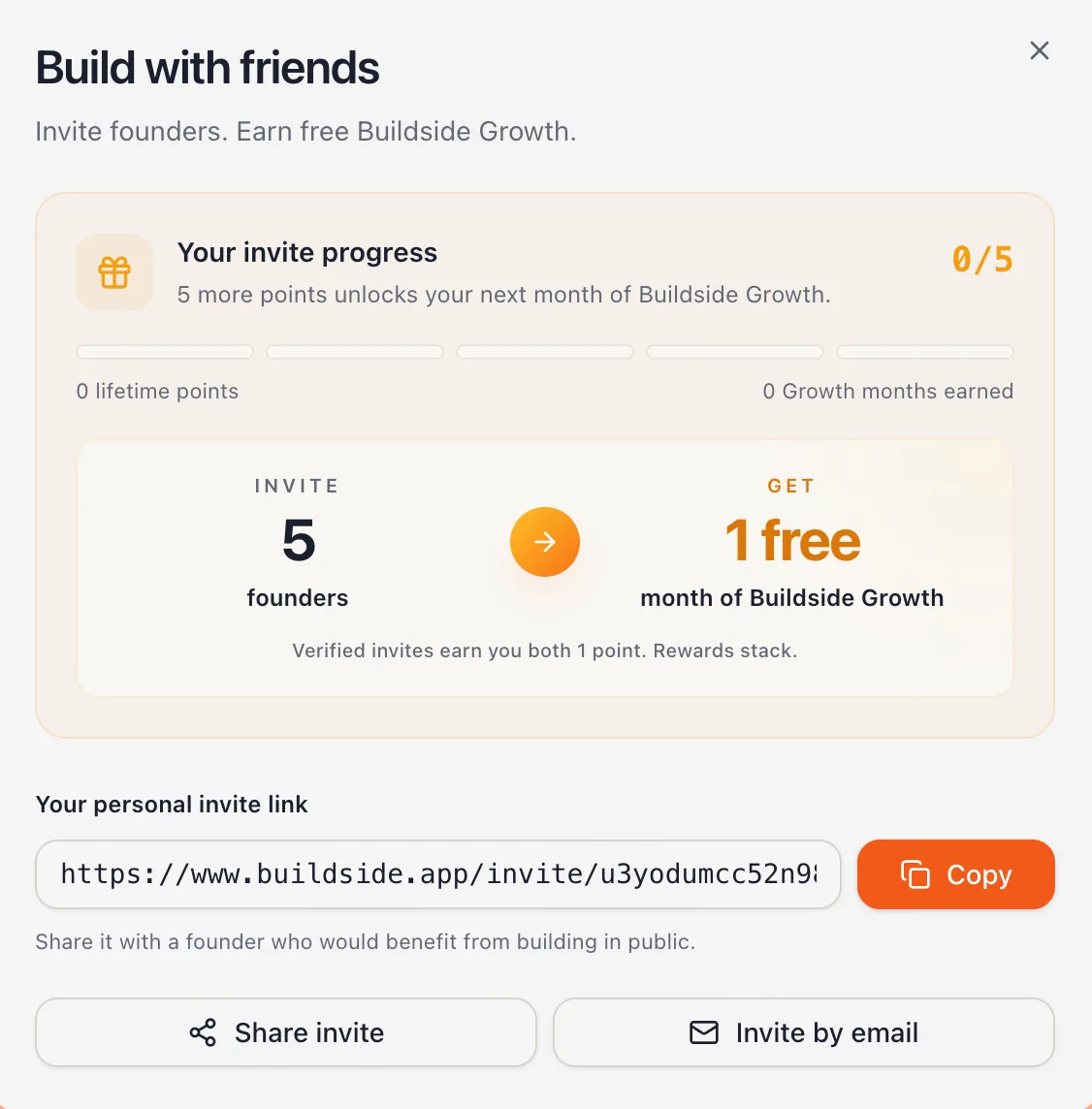 Hey #buildside founders, did you know if you invite 5 users… screenshot