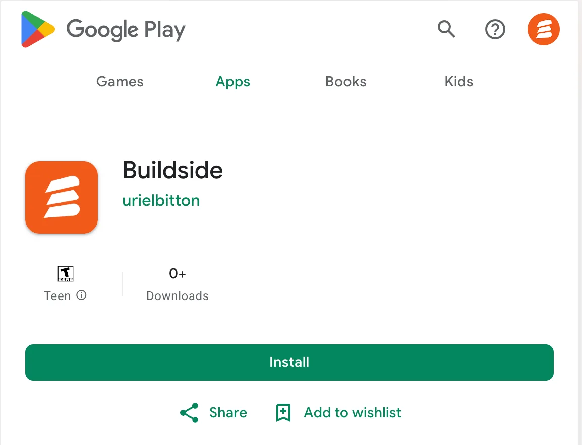 WOW that was fast - Google already approved the Buildside android app 🎉 screenshot