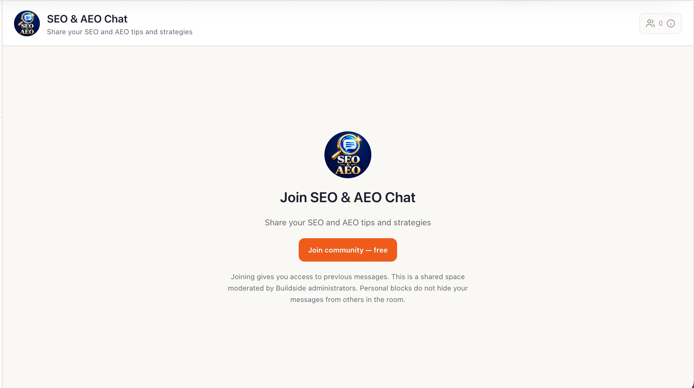 Just added the first community chat: SEO & AEO discussion screenshot