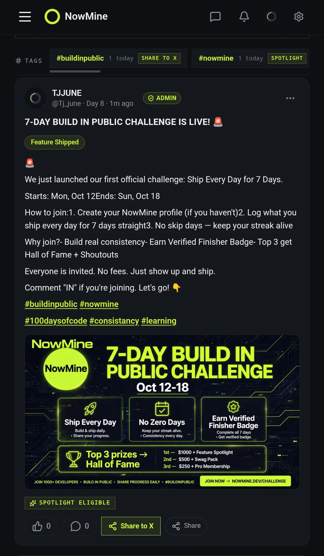 We just launched the 7-Day Build In Public Challenge on @NowMine! screenshot