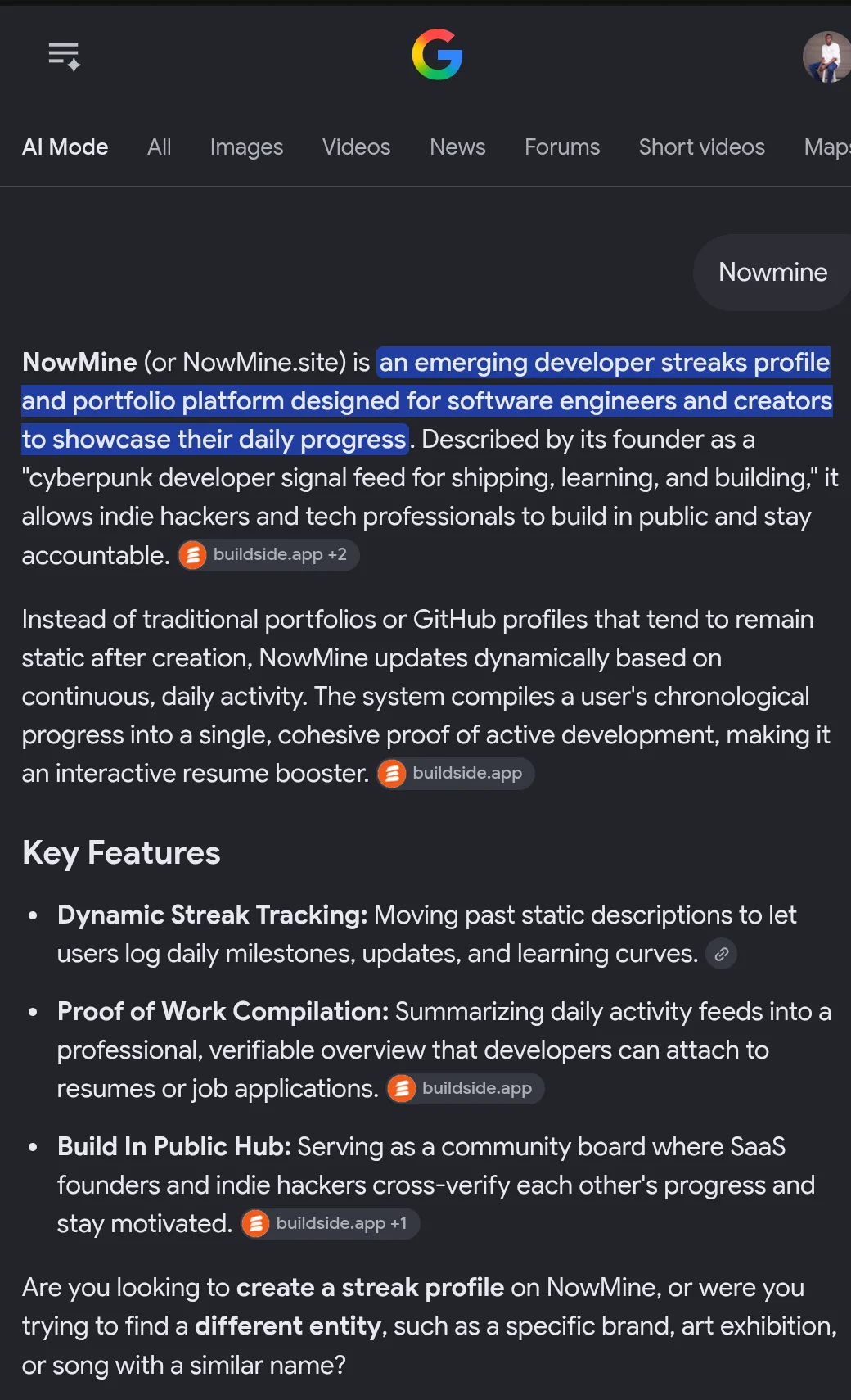 lol google AI mode just defined NowMine perfectly screenshot